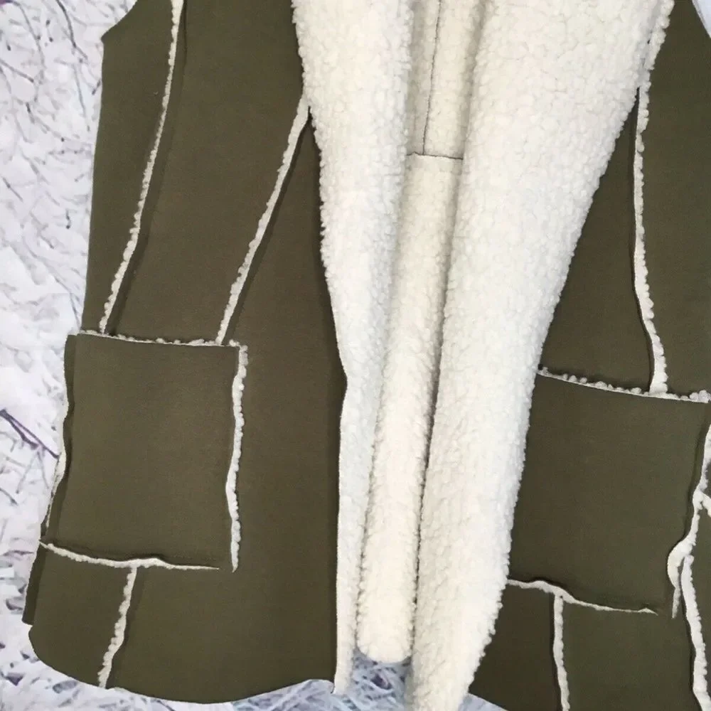 Indigo Soul Women's Draped Sherpa Cozy Suede/Fur Olive Winter‎ Vest Size S